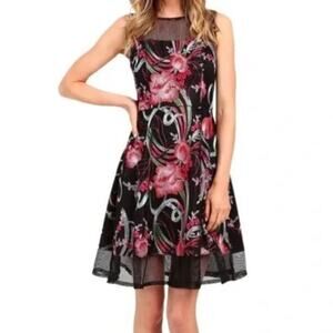 Aidan Mattox Black Floral Embroidered Net Sheer Fit & Flare Dress 0